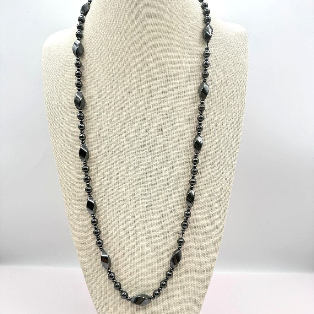 VTG Long Hematite Style Beaded Necklace Metallic Dark Gray Twist Strand Opera
